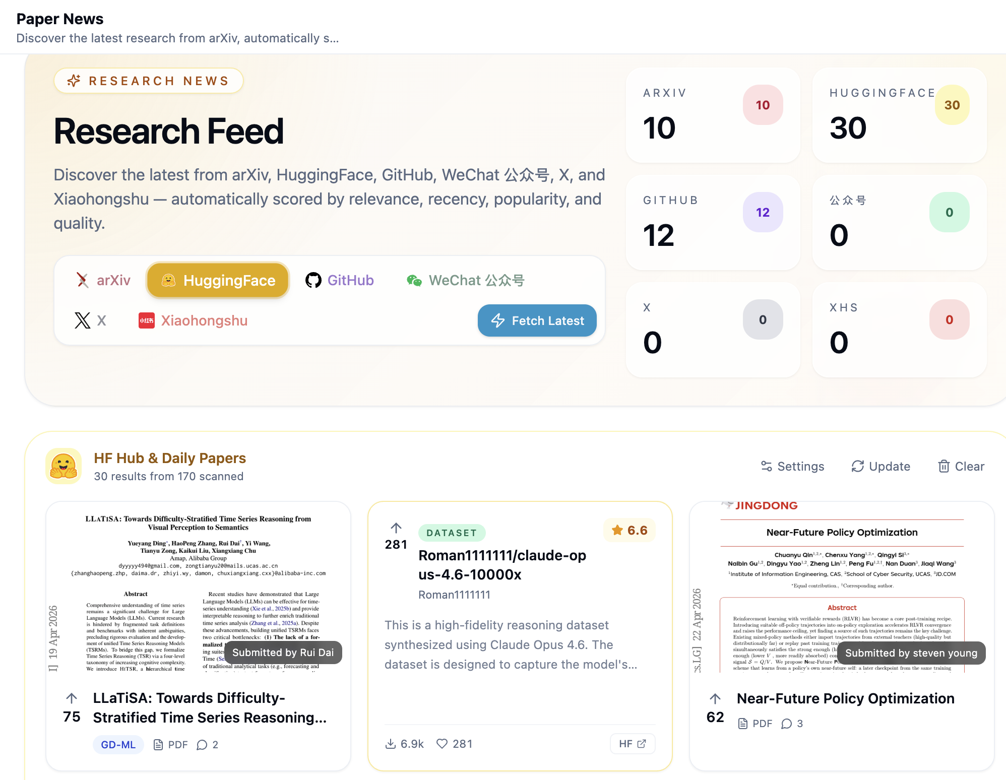Dr. Claw news dashboard with multi-source feed