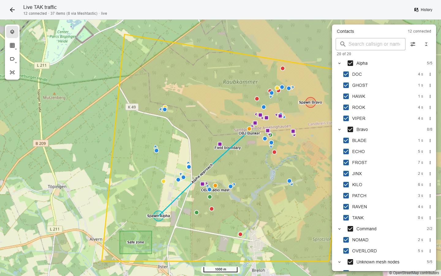 Live view of a fictional demo event: TAK apps and Meshtastic nodes on the event map, grouped by team