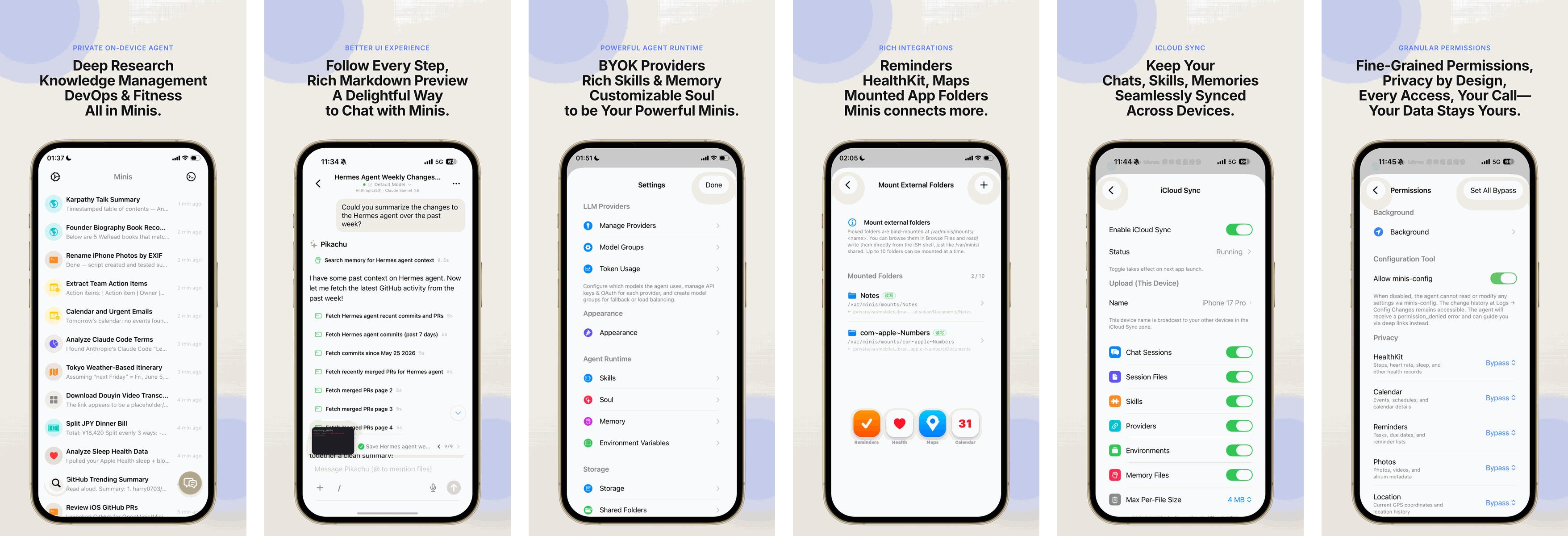 iOS 上的 Minis —— 深度研究、聊天、agent runtime、集成、iCloud 同步与精细的权限控制