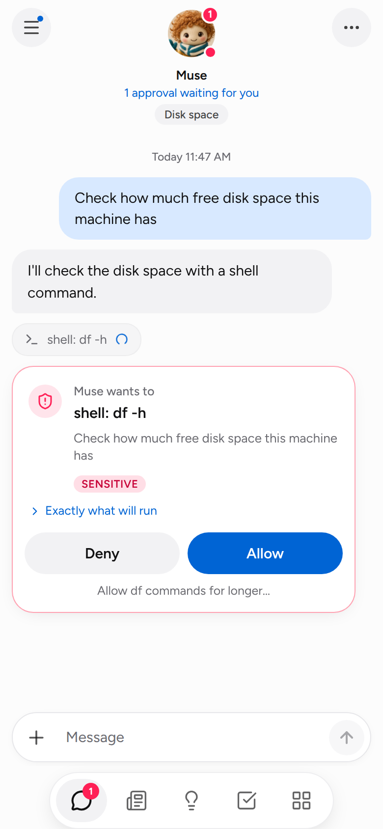 Chat: the agent stops before a shell command and asks