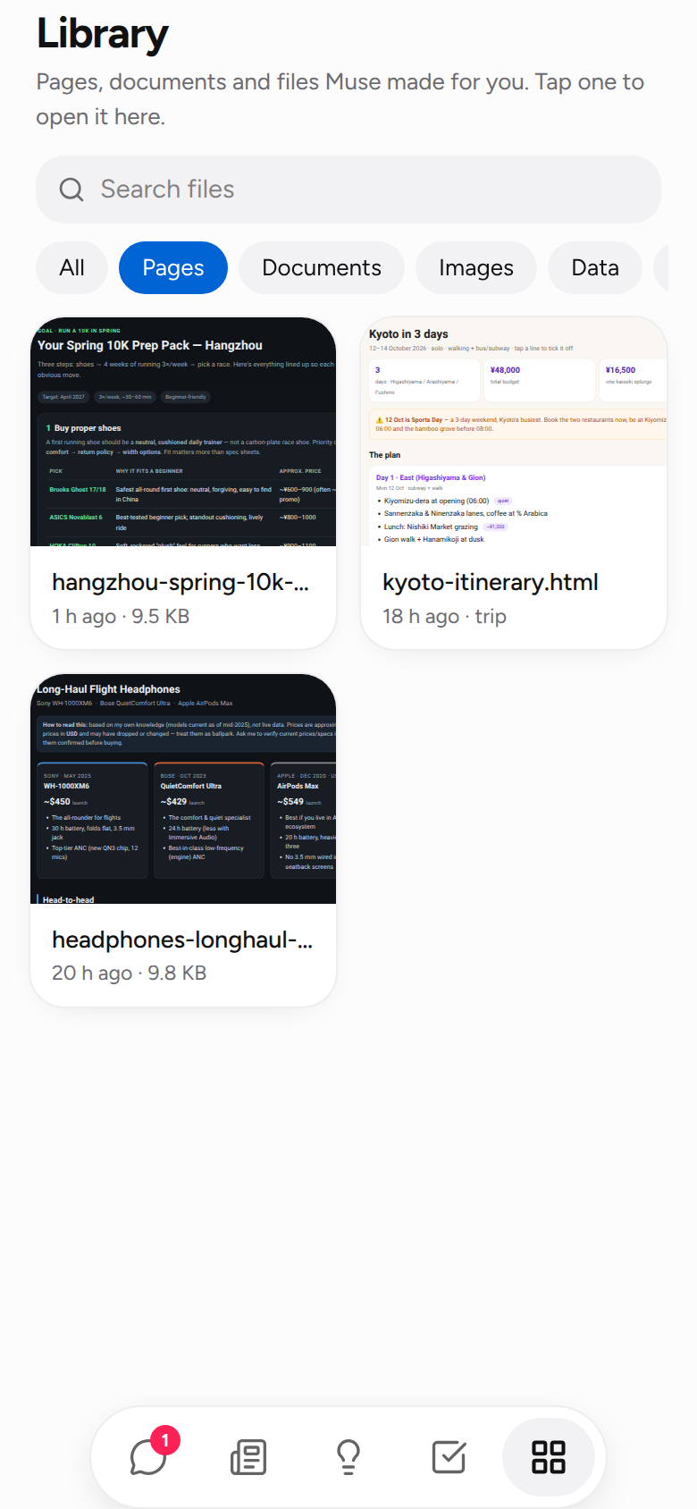 Library: pages and files the agent made, with previews
