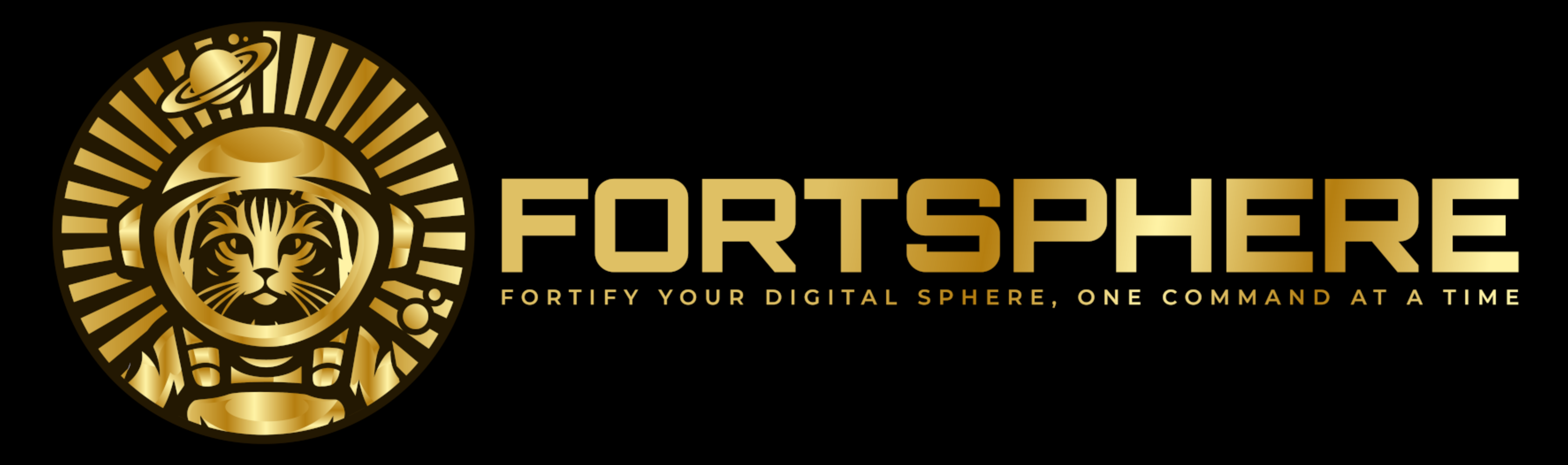 Logo for FORTSPHERE featuring a cat in a gold astronaut helmet surrounded by rays and a planet above, alongside the text 'FORTSPHERE' and the tagline 'Fortify your digital sphere, one command at a time' in gold gradient on a black background.