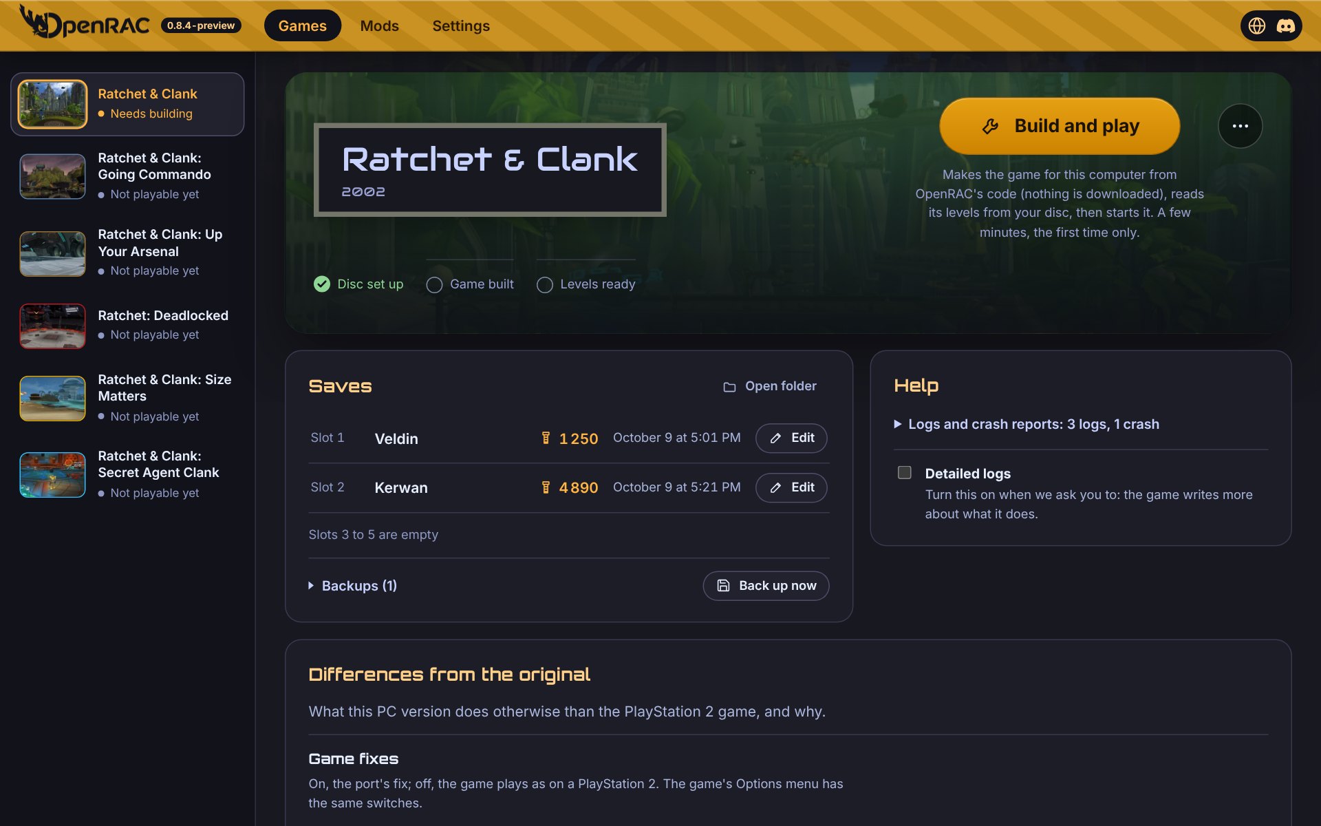The OpenRAC launcher: the Ratchet & Clank games beside the page of the one picked, with its saves and the way to play