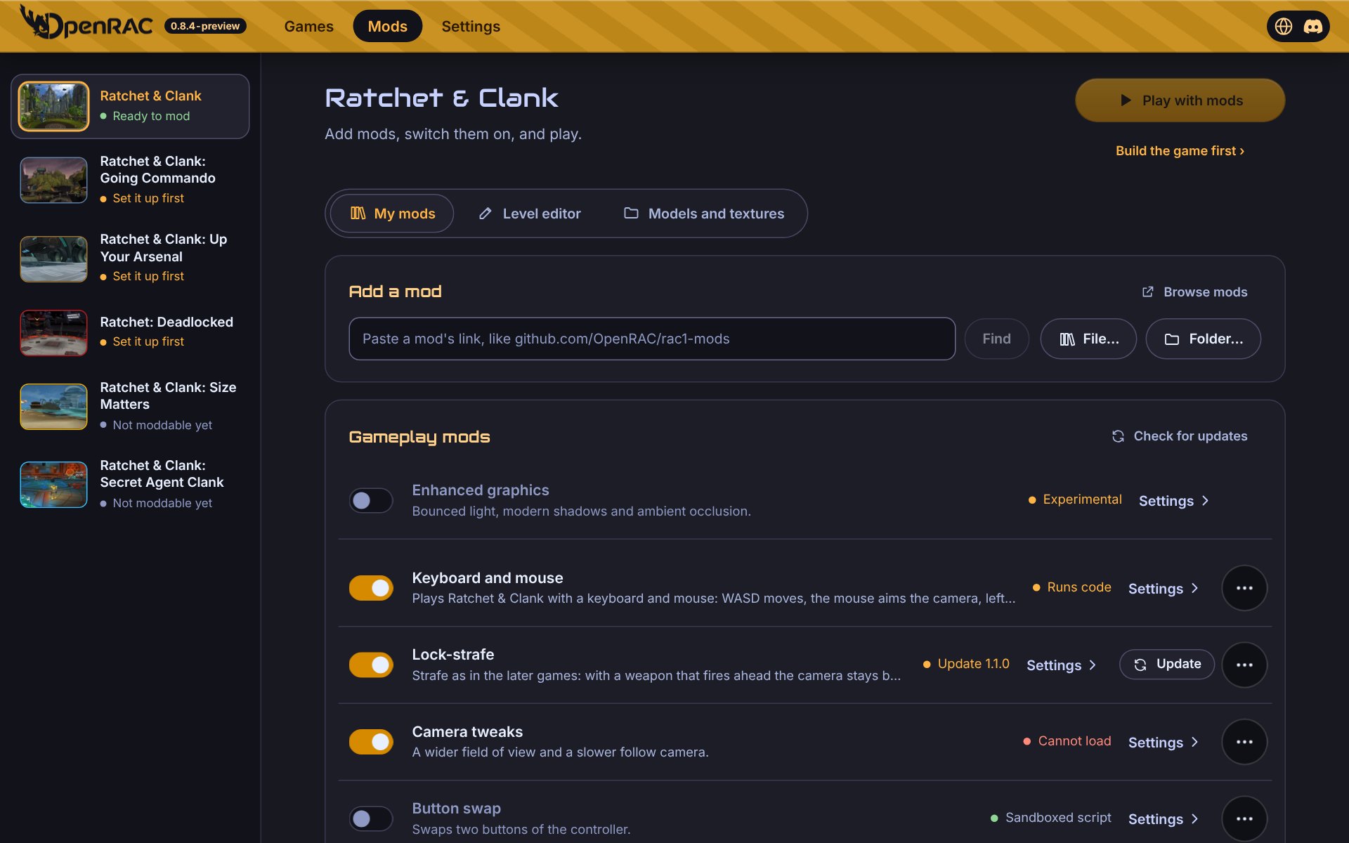The OpenRAC launcher's Mods tab: add mods, switch them on and play