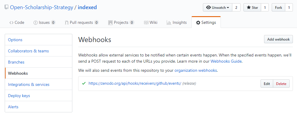 Check that webhooks are enabled for your GitHub repository. Example here using the Open Scholarship Strategy