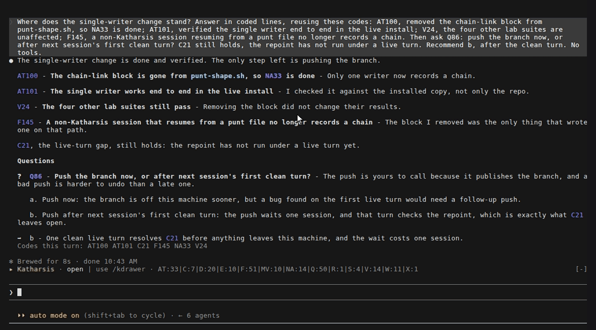 A reply late in a long Katharsis session: hovering the C21 chip recalls an old caveat, the band shows 50 questions, the drawer searches and filters the whole ledger, and kref fetches F100 and then searches the ledger for symlink