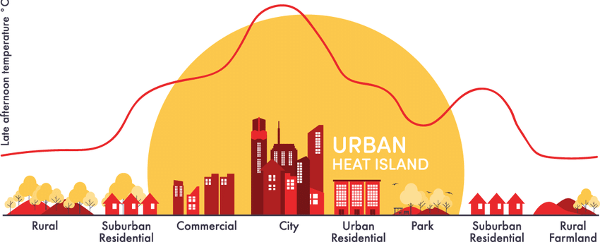 Picture showing how cities get hotter than the surrounding areas