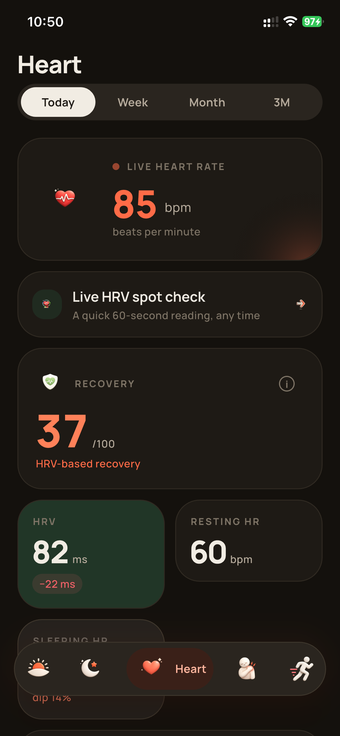 The Heart screen, showing heart rate and HRV trends