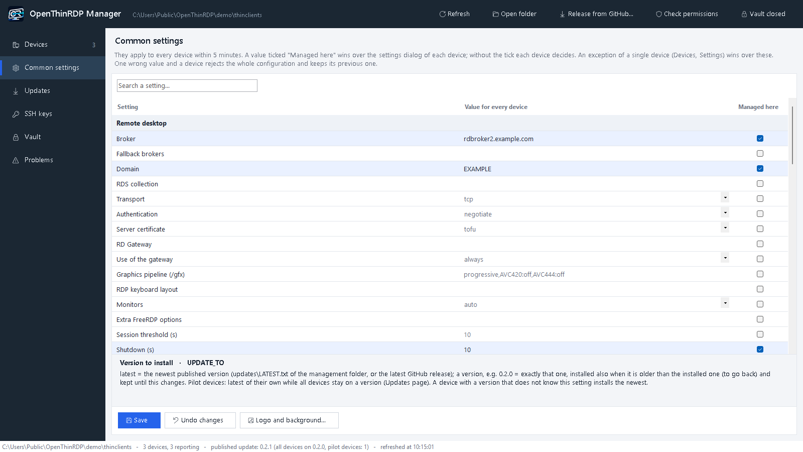 Common settings: every setting with its value and the help of the selected one