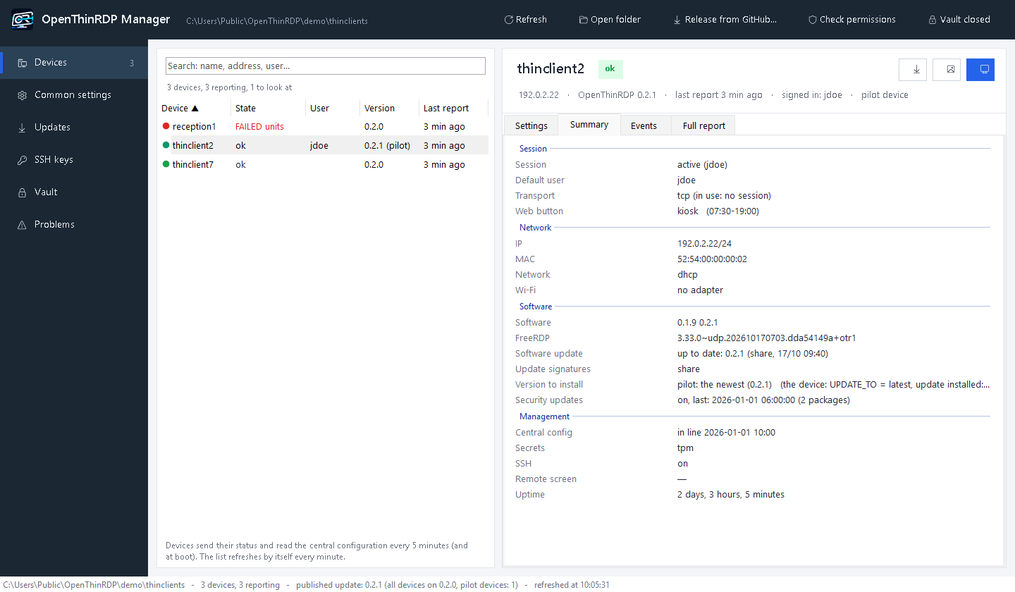 A pilot device: the list marks it (pilot), its summary says it installs the newest version