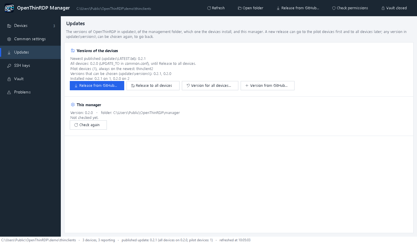 Updates page: newest published version, all devices on 0.2.0, one pilot device on the newest, the versions that can be chosen
