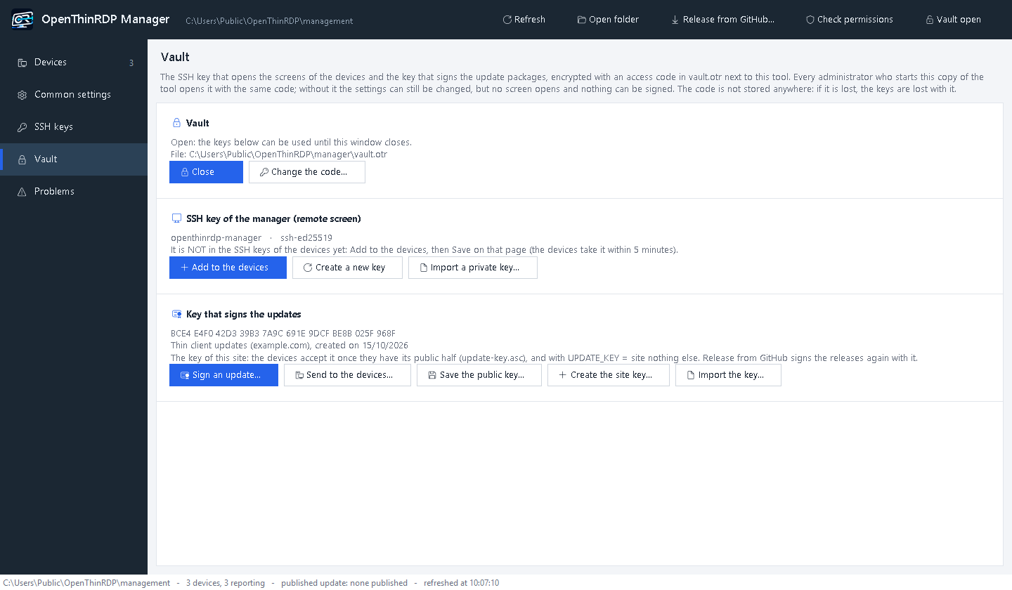 Vault page: the access code, the SSH key of the manager, the key that signs the updates