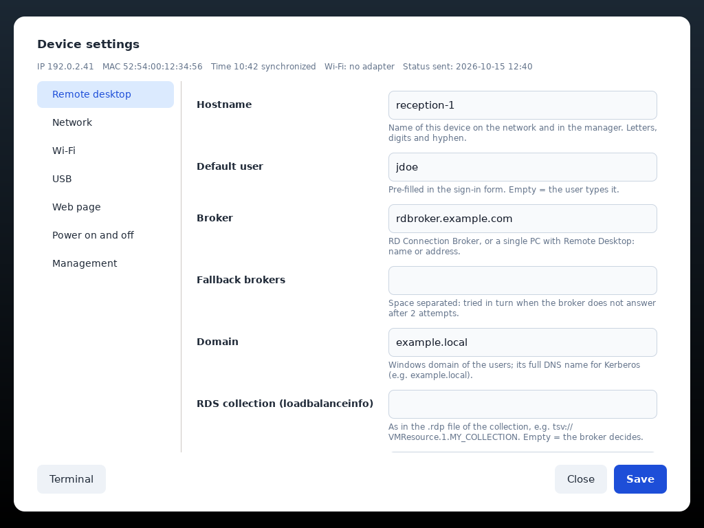 Settings of the device