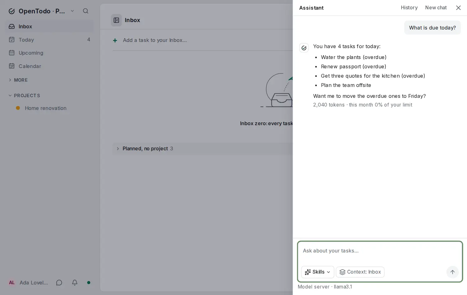 The assistant panel on the right of the Inbox. The question What is due today? is answered with a list of four tasks, three of them overdue, and a token count under the answer.