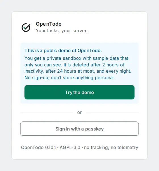 The demo sign-in card with a short explanation and a green Try the demo button.