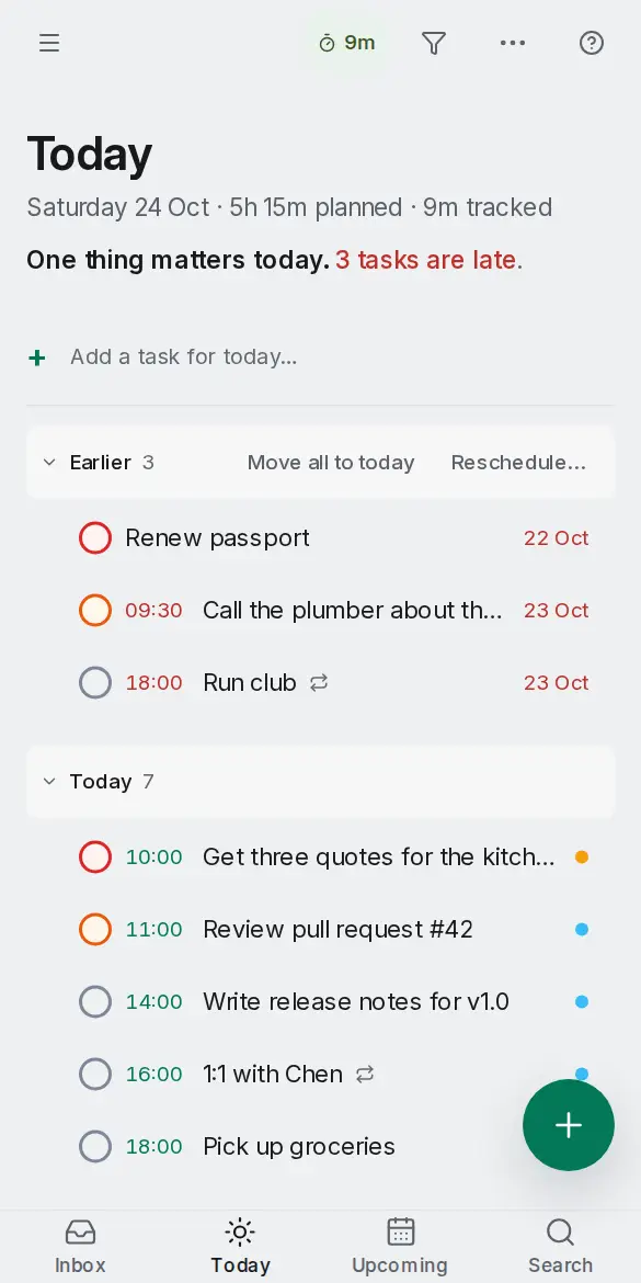 OpenTodo on a phone, showing the Today list full screen.