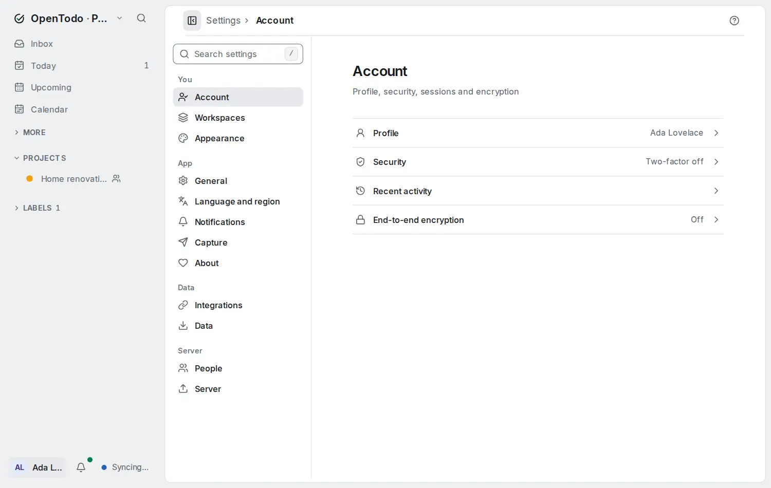 The Settings page with its You and App groups; the first section of the App group holds the language, the start view and the date and time options.