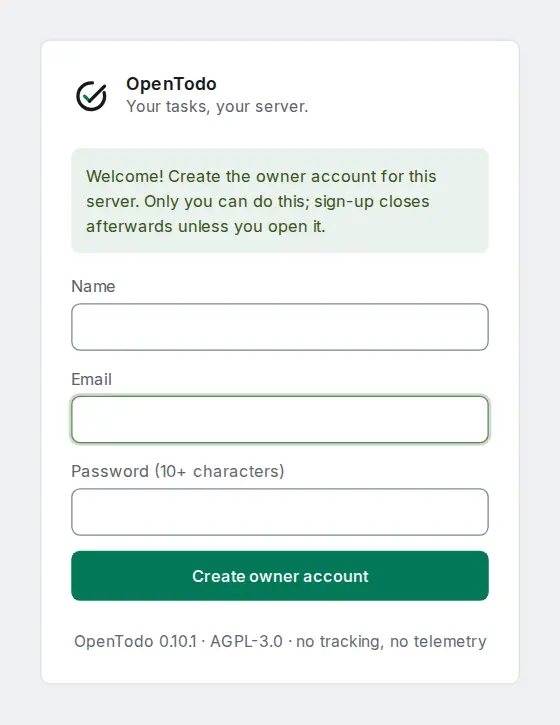 The Create the owner account form with Name, Email and Password fields.