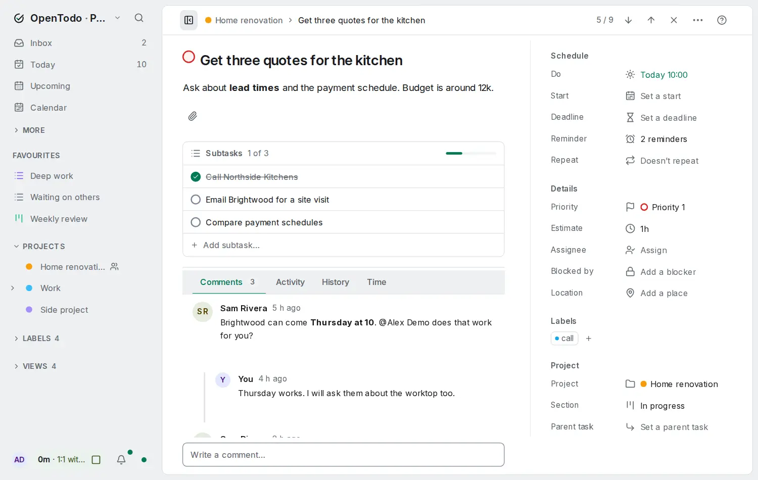 A project list with the task panel open on the right, showing the task's title, notes and properties; attachments are added further down the panel.