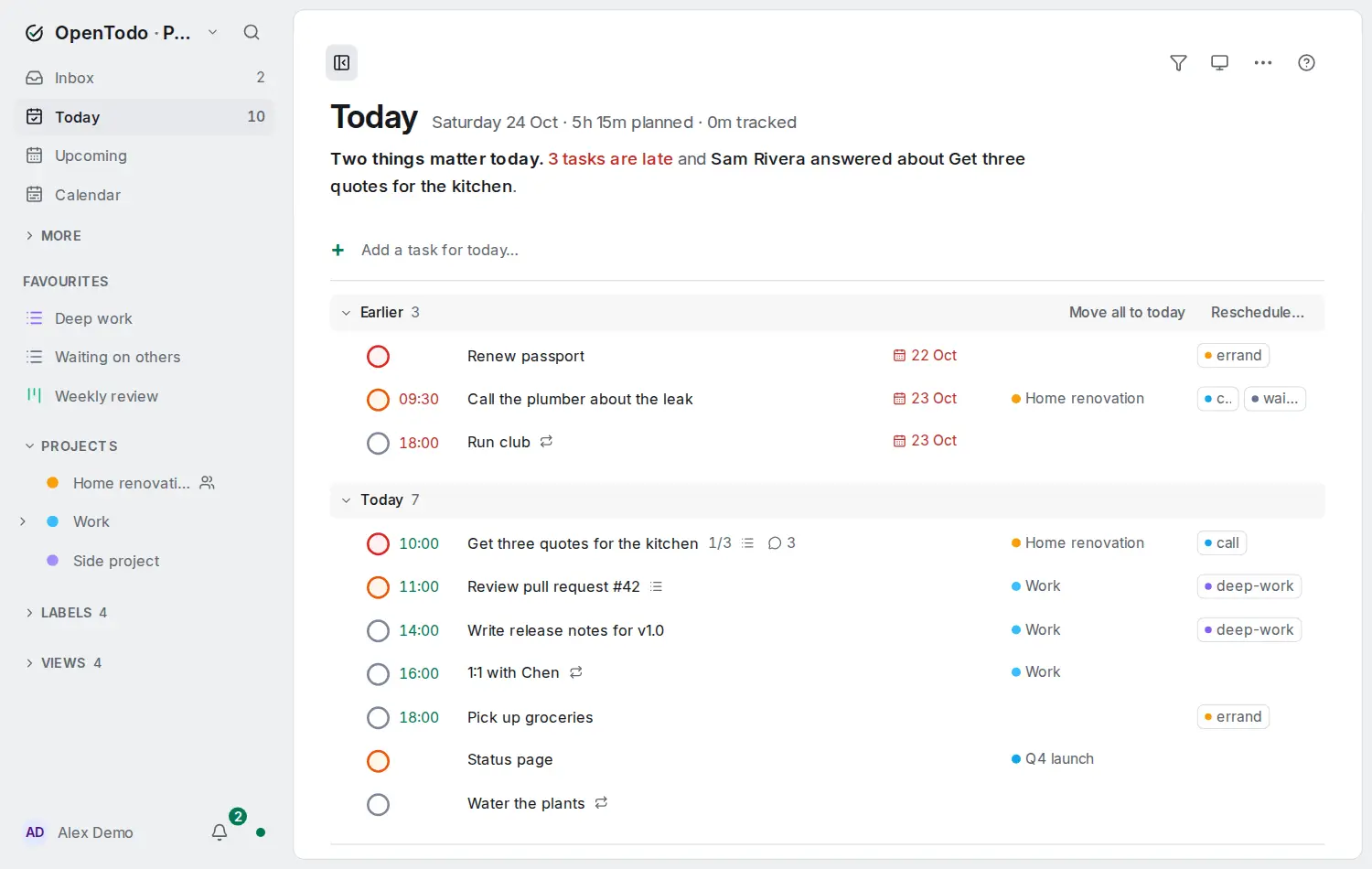 The Today view: the sidebar with Inbox, Today, Upcoming and projects on the left, and today's tasks with an Overdue group on the right.