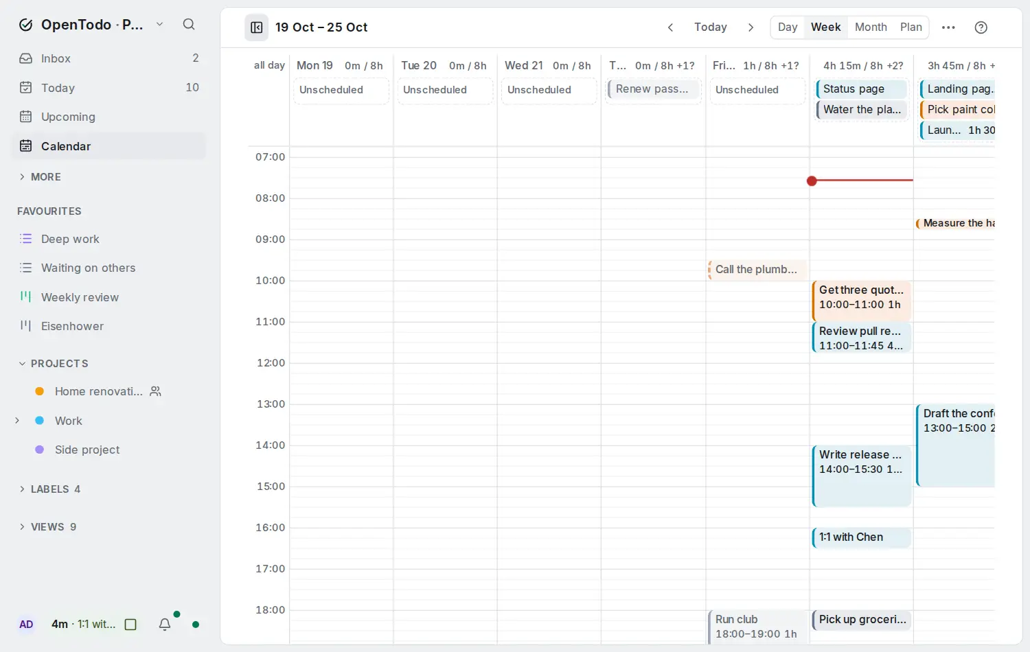 The Week calendar with timed tasks as blocks, where events from subscribed calendars are shown beside them.