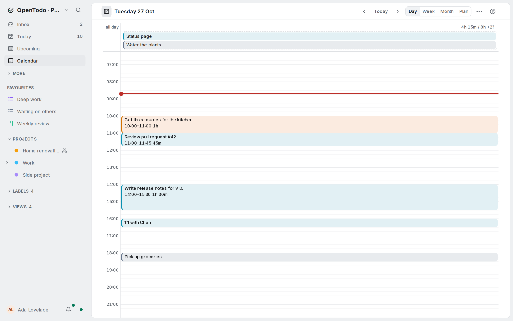 Day view: timed tasks as blocks sized by their estimate, overlapping blocks side by side, the unscheduled lane and the planned total against the day length