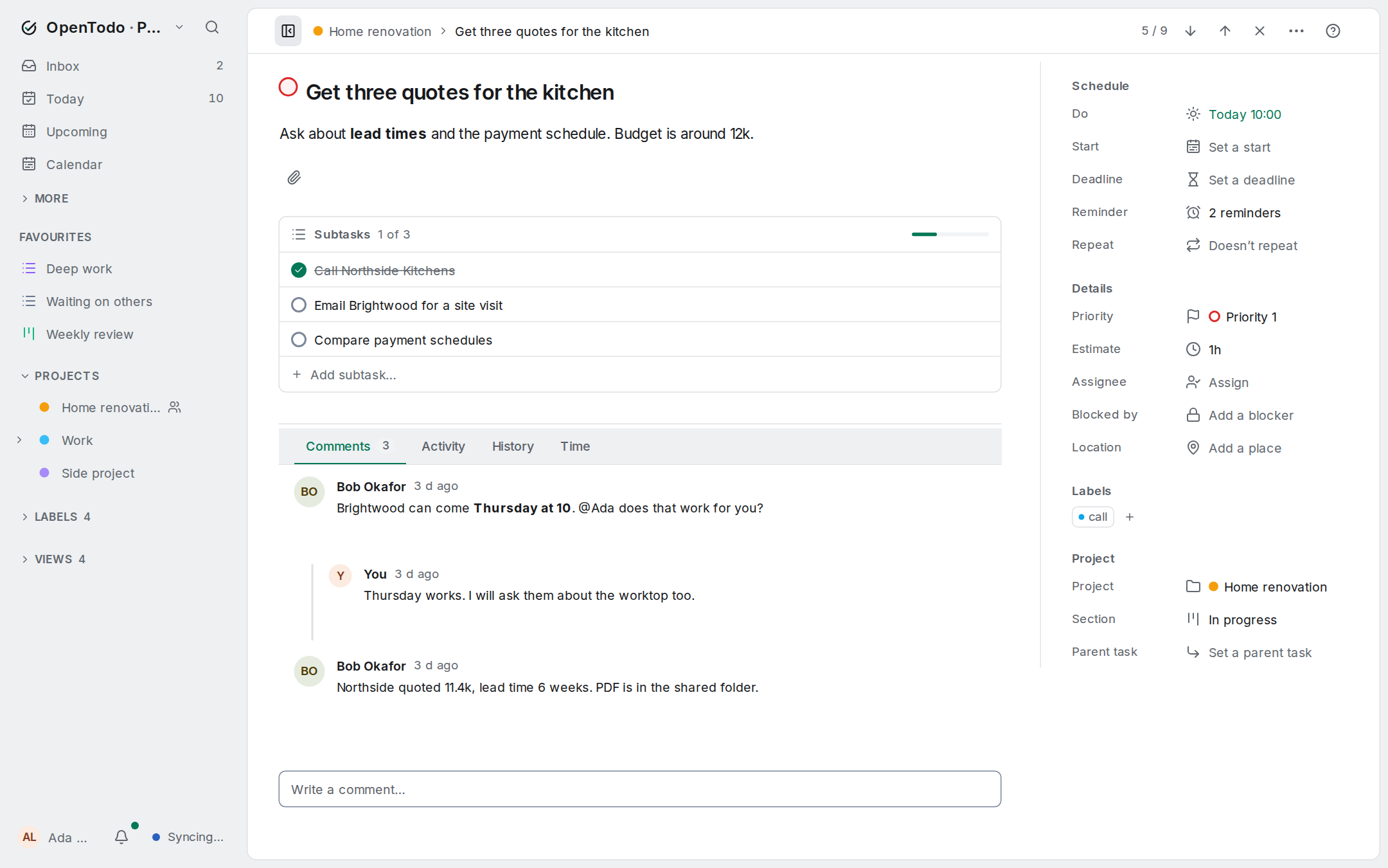Project view with the task detail panel