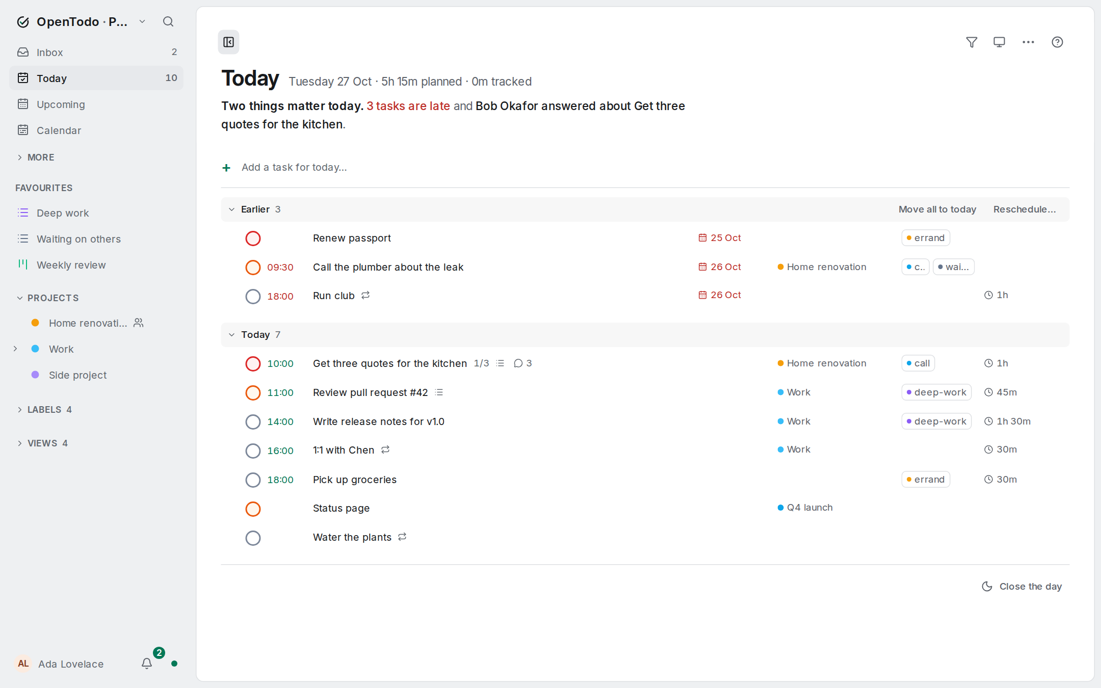Today view with overdue and due-today tasks
