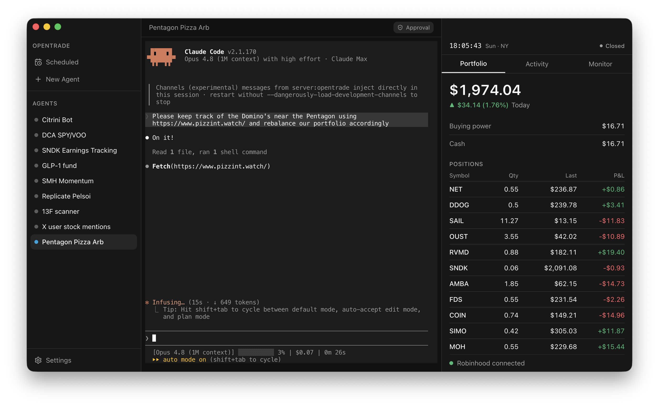 OpenTrade app — agent sidebar, live terminal, and portfolio panel