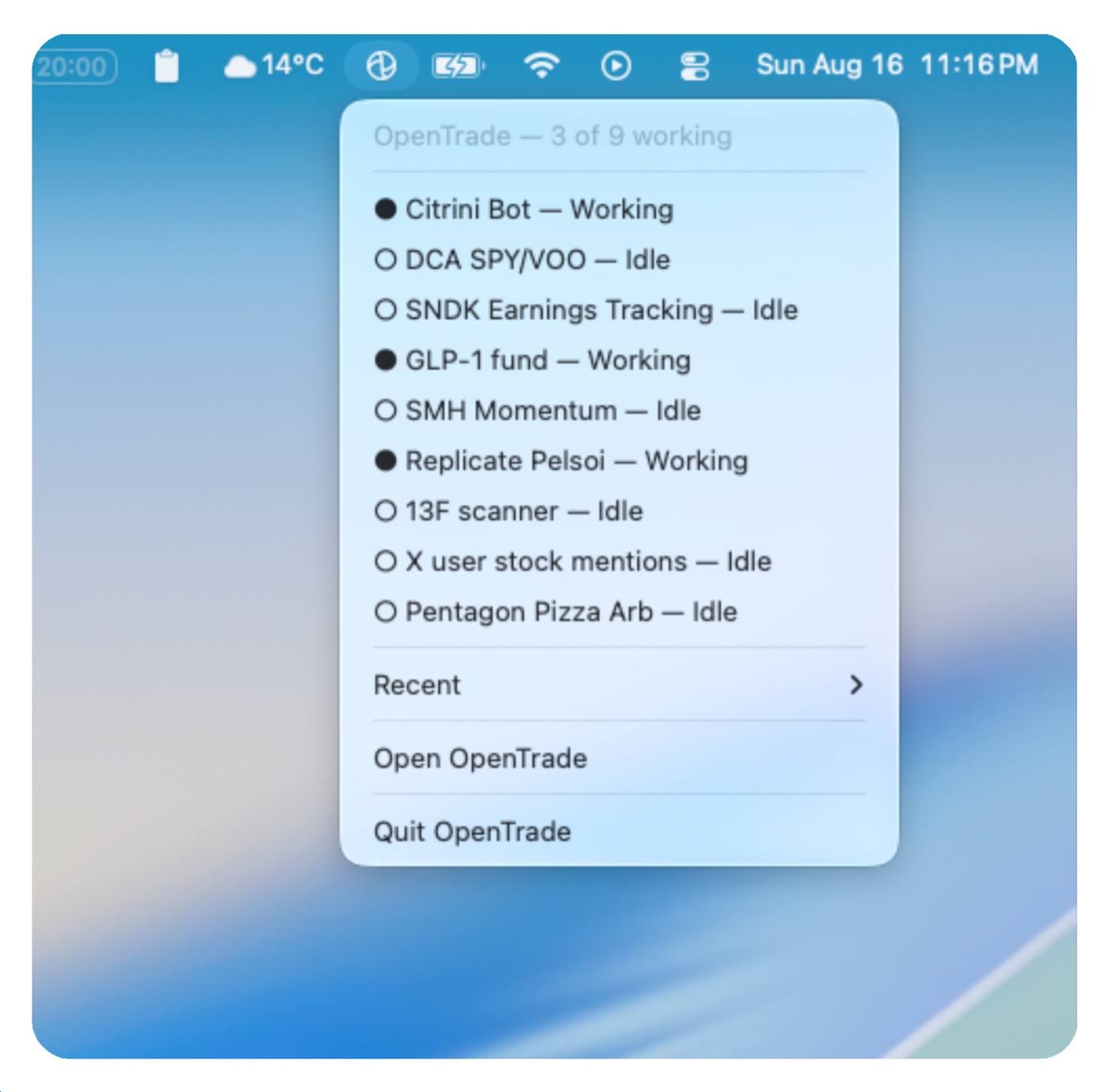 The OpenTrade menu bar tray reporting three of nine agents working, with each agent's status listed