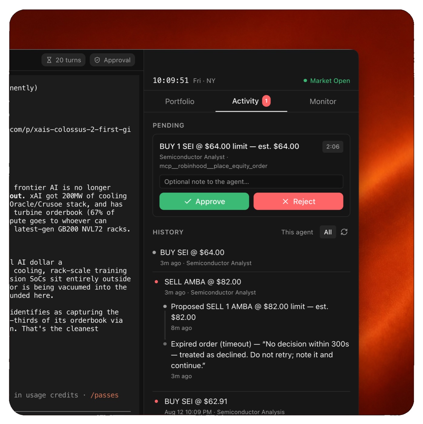 A pending buy order awaiting approval, above a history of past decisions and an order that expired undecided