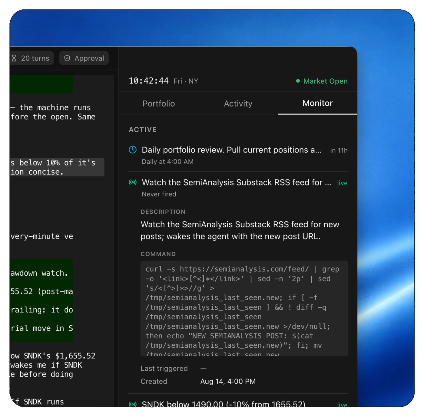The Monitor tab listing an agent's active timers and event monitors, including the shell command that wakes it on a new RSS post