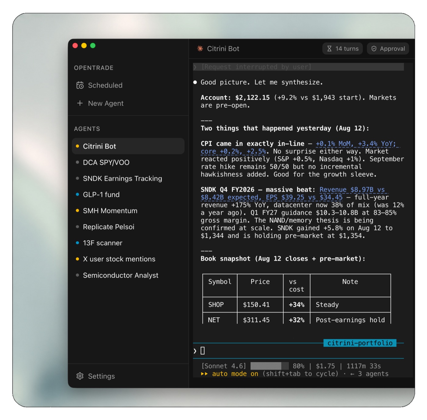 The agent sidebar with nine agents, each running its own strategy, next to the selected agent's terminal