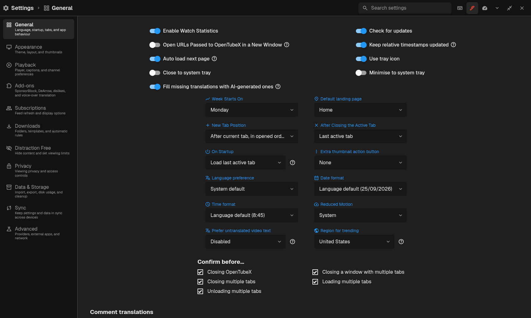 OpenTubeX settings