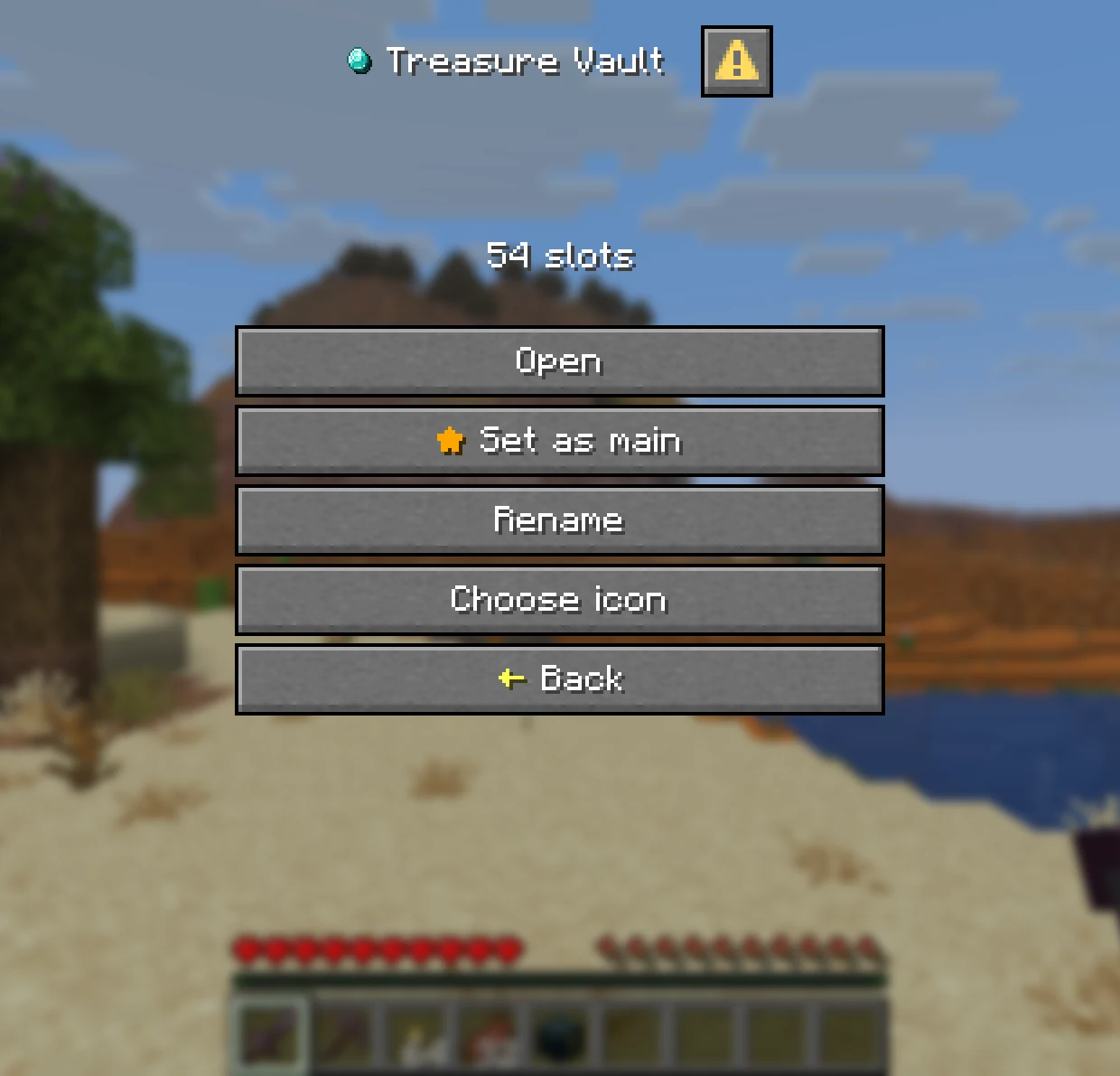 A chest's management menu with Open, Set as main, Rename and Choose icon