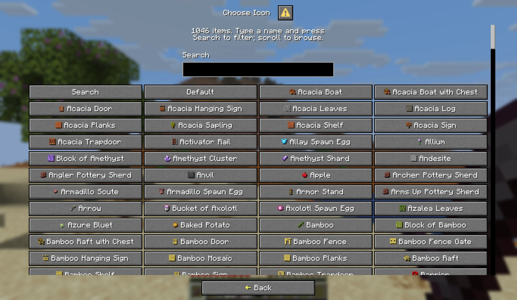The searchable item picker for choosing a chest icon
