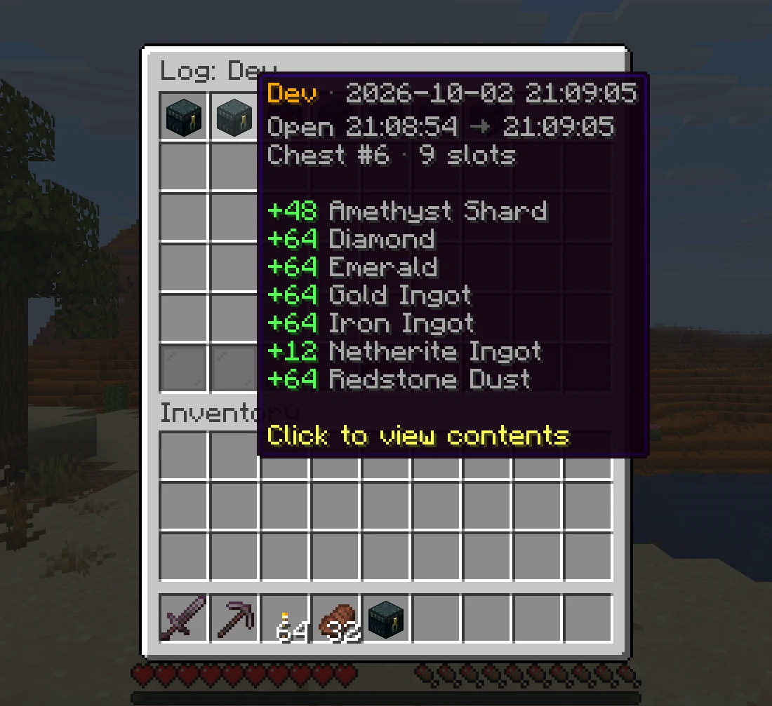 The chest log with one visit listing the items added