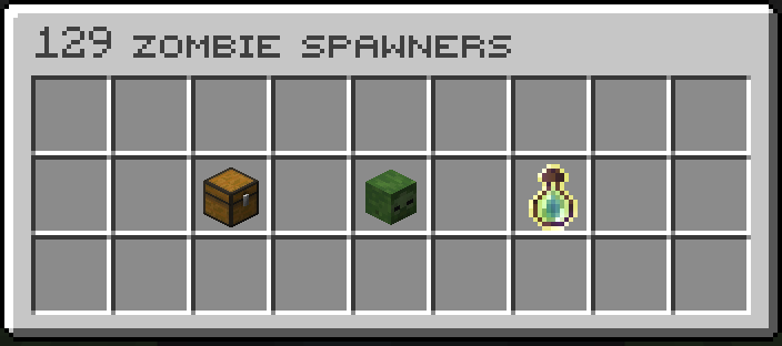 The menu of a stack of 129 zombie spawners, with storage, stack and experience buttons