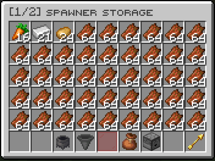 Page 1 of 2 of a zombie spawner's storage, full of rotten flesh, with sort, filter, sell and take-all buttons