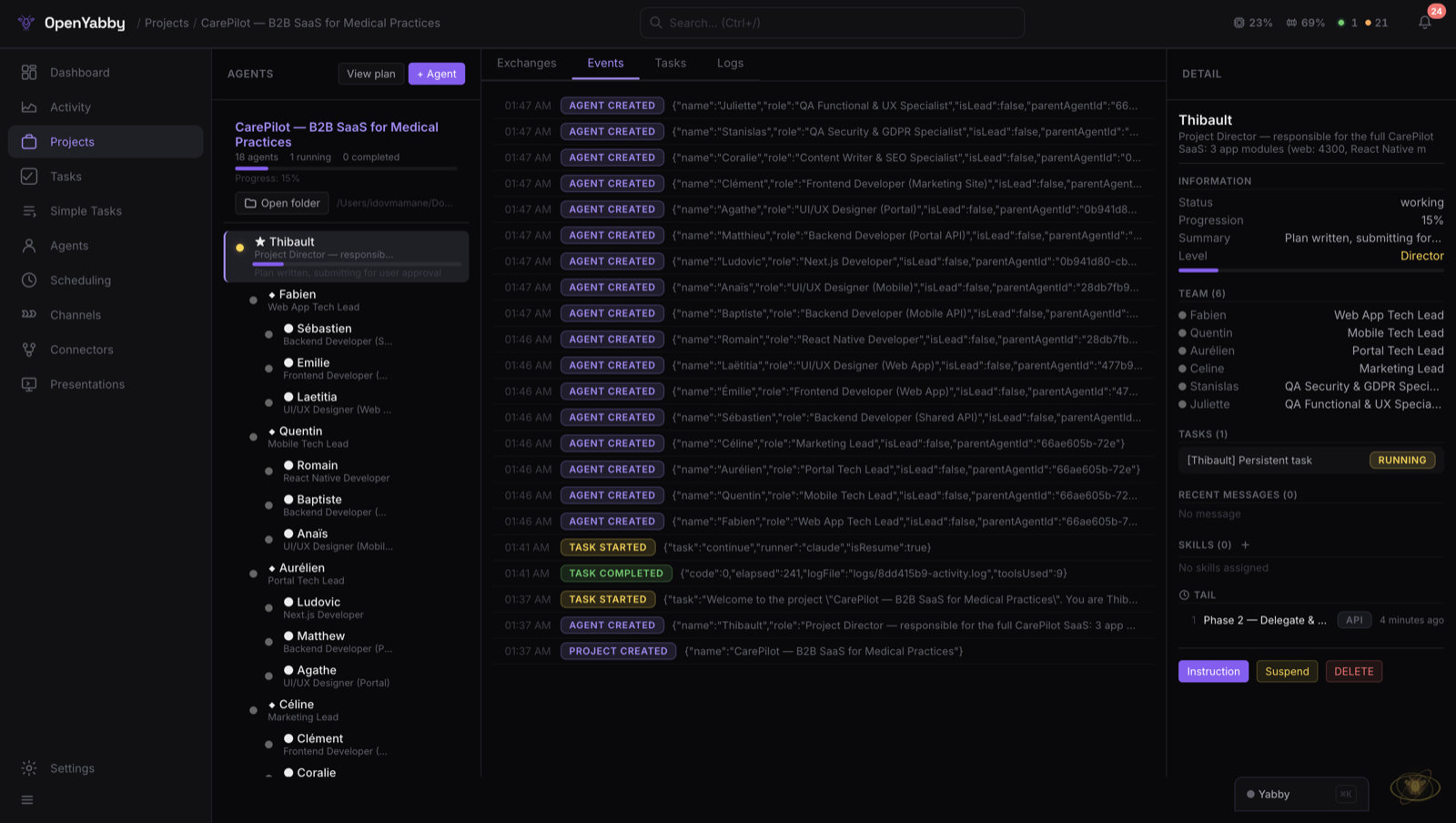 Multi-agent project view with live task and heartbeat updates