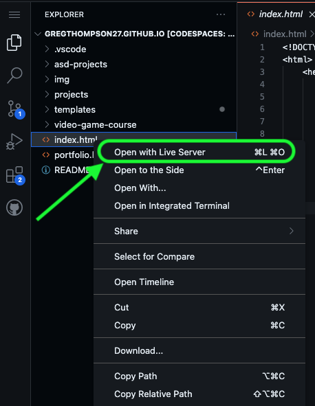 Right-click 'Open with Live Server'