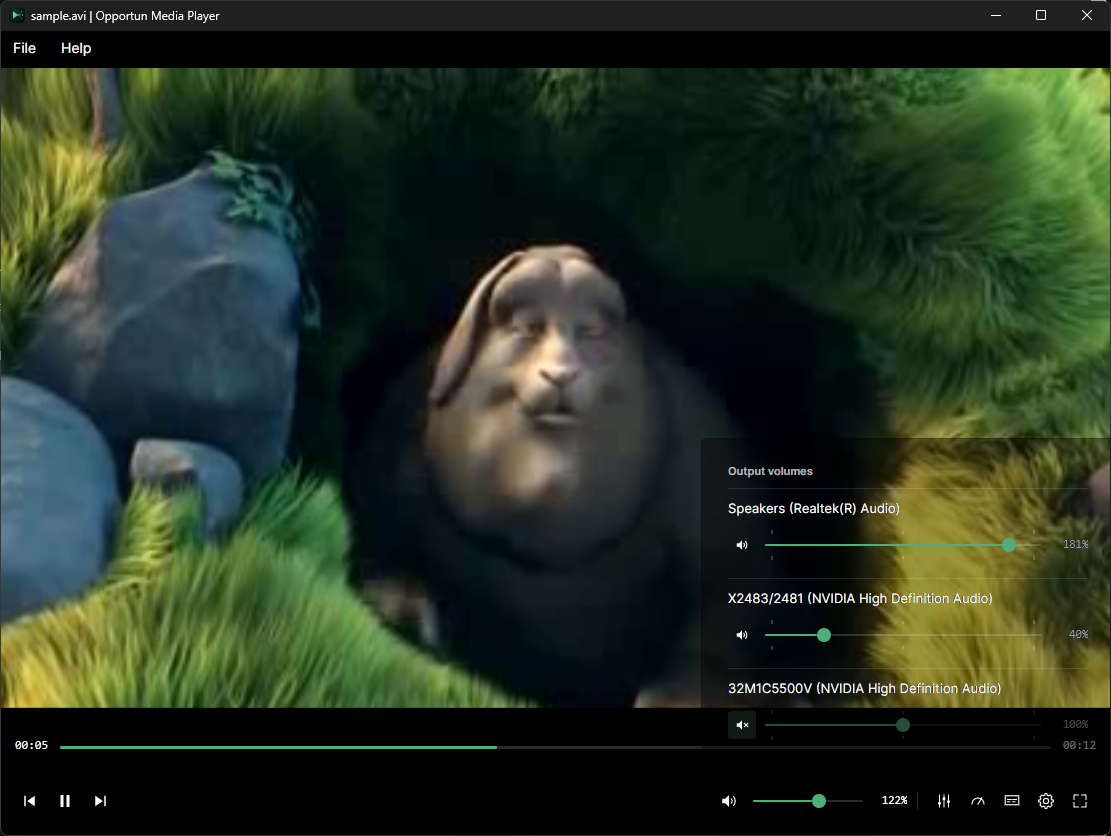 Opportun Media Player main window, dark theme