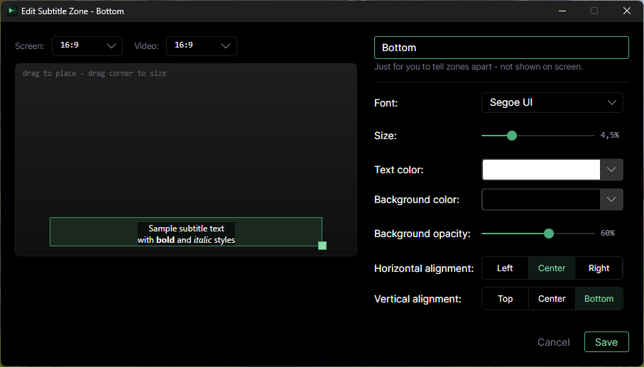 Subtitle zone editor