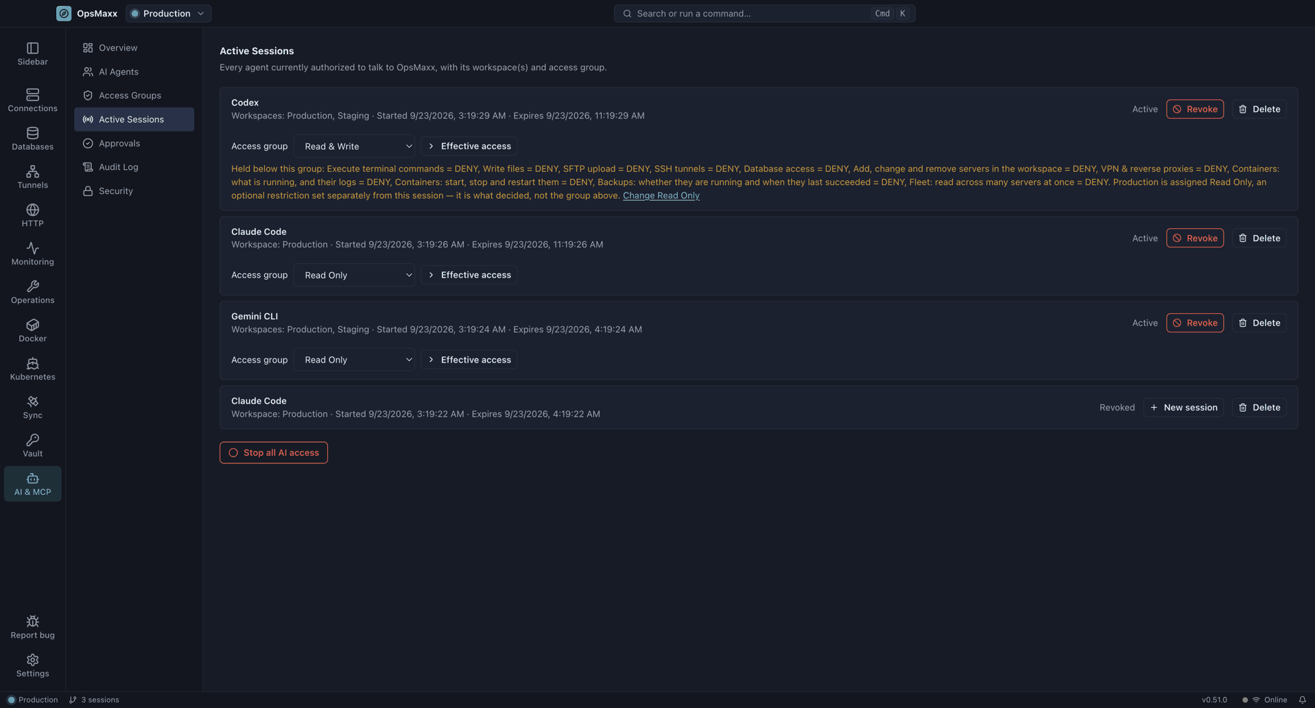 Active Sessions: every session that exists, with Revoke and Stop all AI access