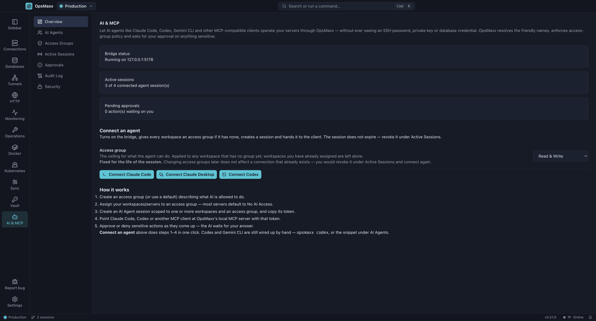 OpsMaxx's AI & MCP overview screen