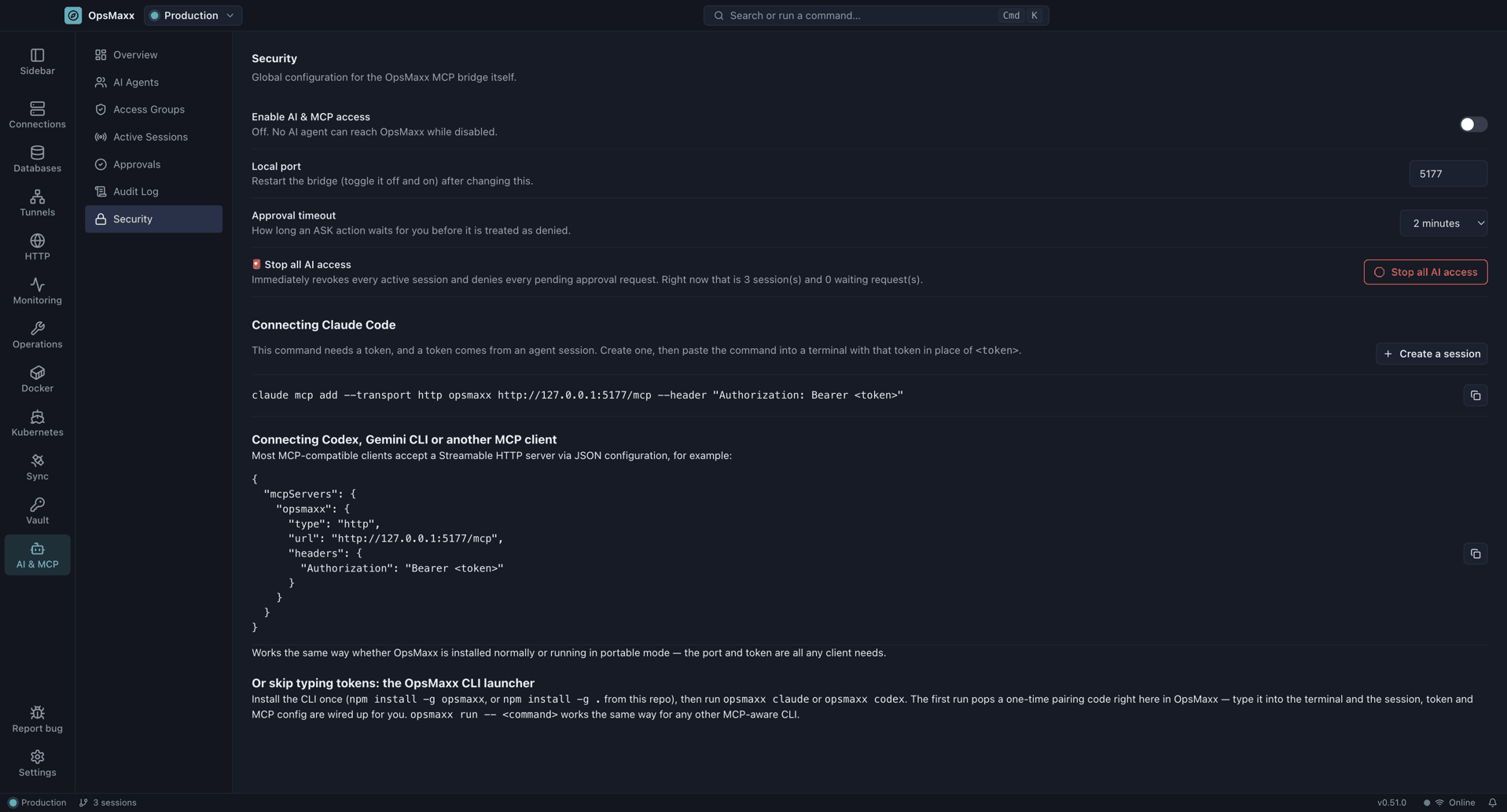 Security tab: enable toggle, port, approval timeout, and connection snippets