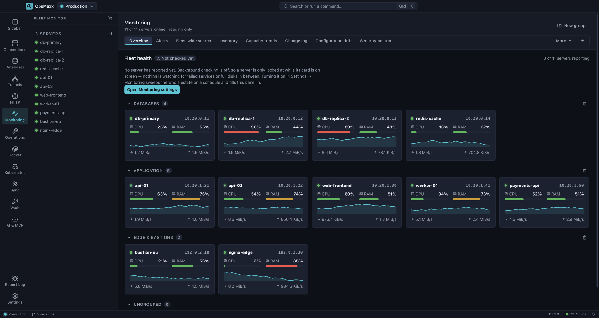 OpsMaxx Fleet Monitor showing grouped servers with live CPU, memory, disk and network metrics