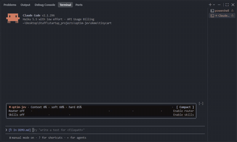 optim-jev demo in Claude Code