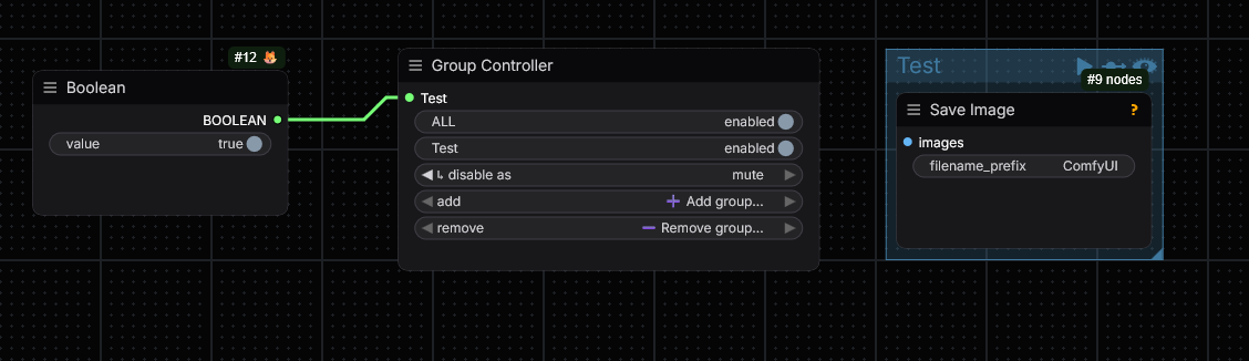 Group Controller - a Boolean (true) wired into the "Test" group input keeps the Test group enabled; disable mode is mute