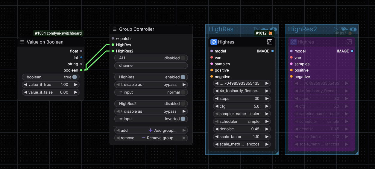 One Value on Boolean (true) wired into both HighRes and HighRes2; HighRes is normal so it stays enabled, HighRes2 is inverted so it turns off - the HighRes2 node on the right is greyed out
